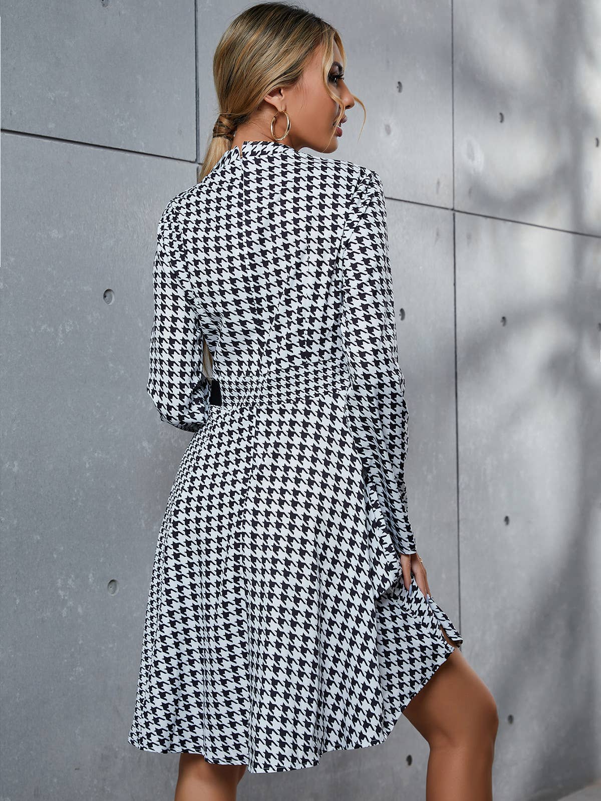 Thousand-Bird Plaid Long-Sleeved Dress