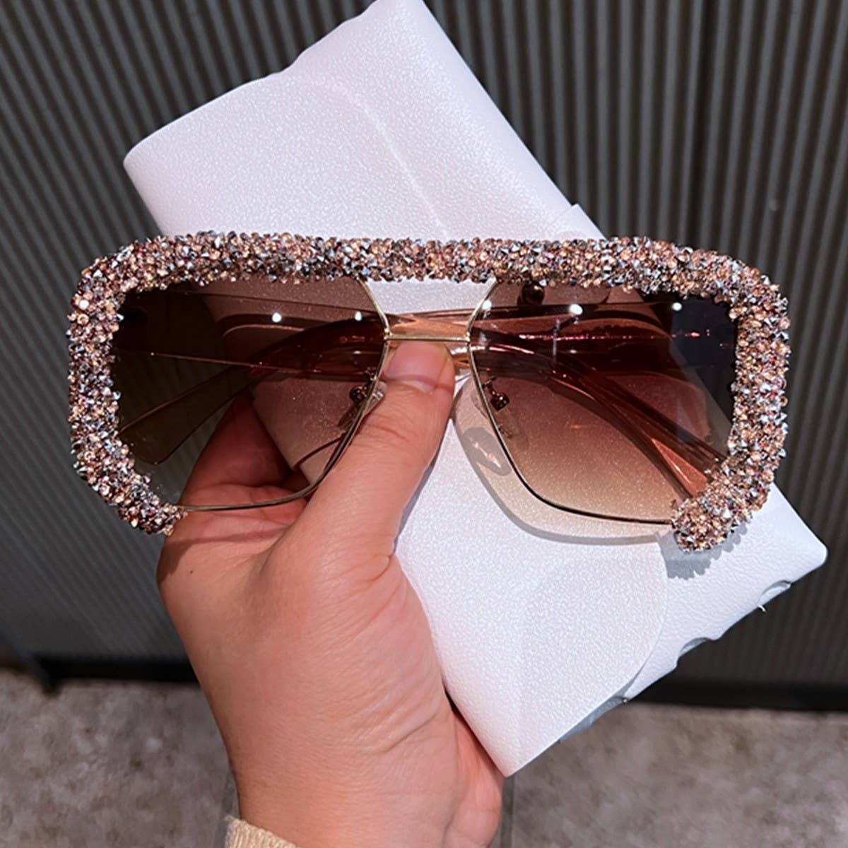 DOUBLE BRIDGE POLYGONAL RHINESTONE SUNGLASSES_CWASG0832