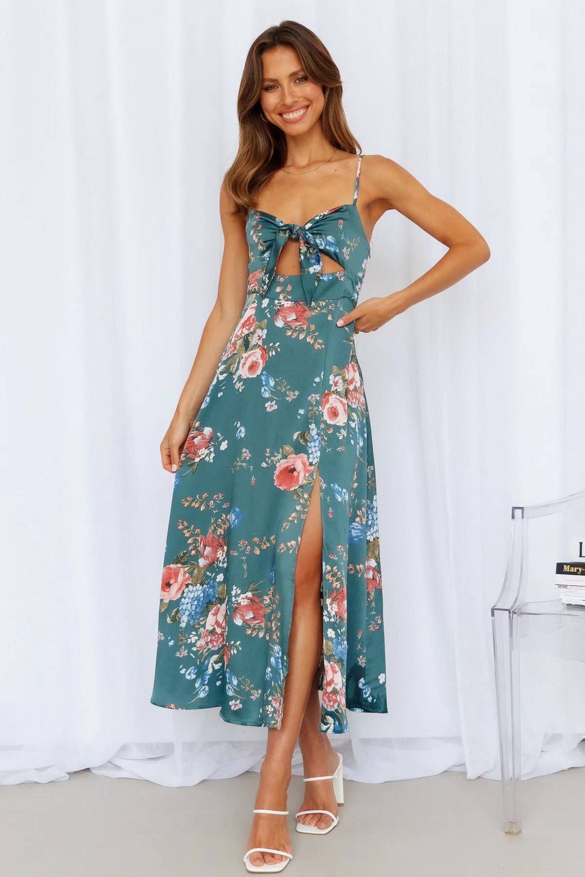 Stylish Sexy Deep V Printed Bow Back Split Dress