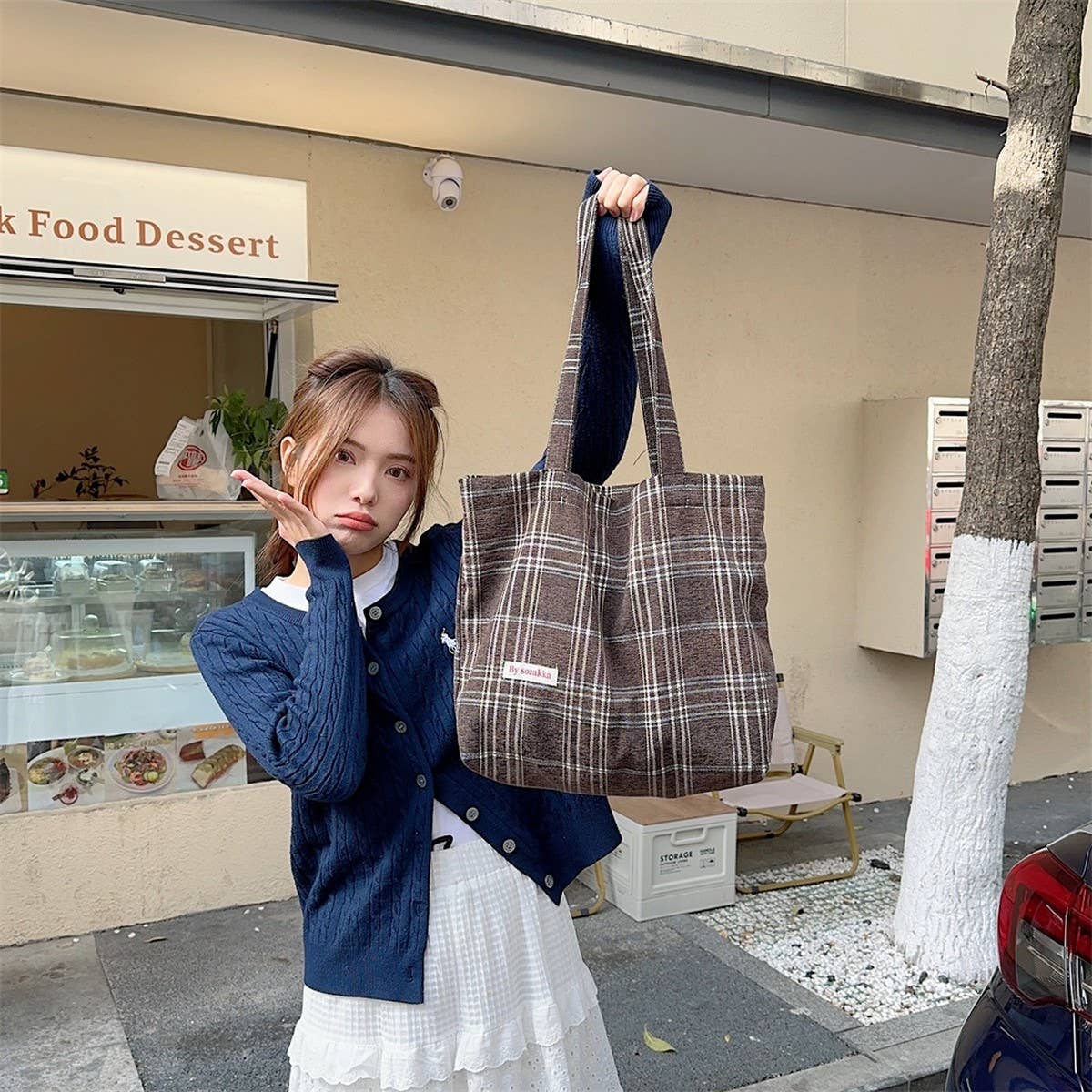 Cwab3897_Large Capacity Vintage Plaid Tote Shoulder Bag