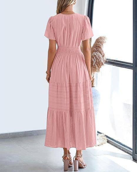 V-Neck Pleated Puffy Sleeve Short Sleeved Dress