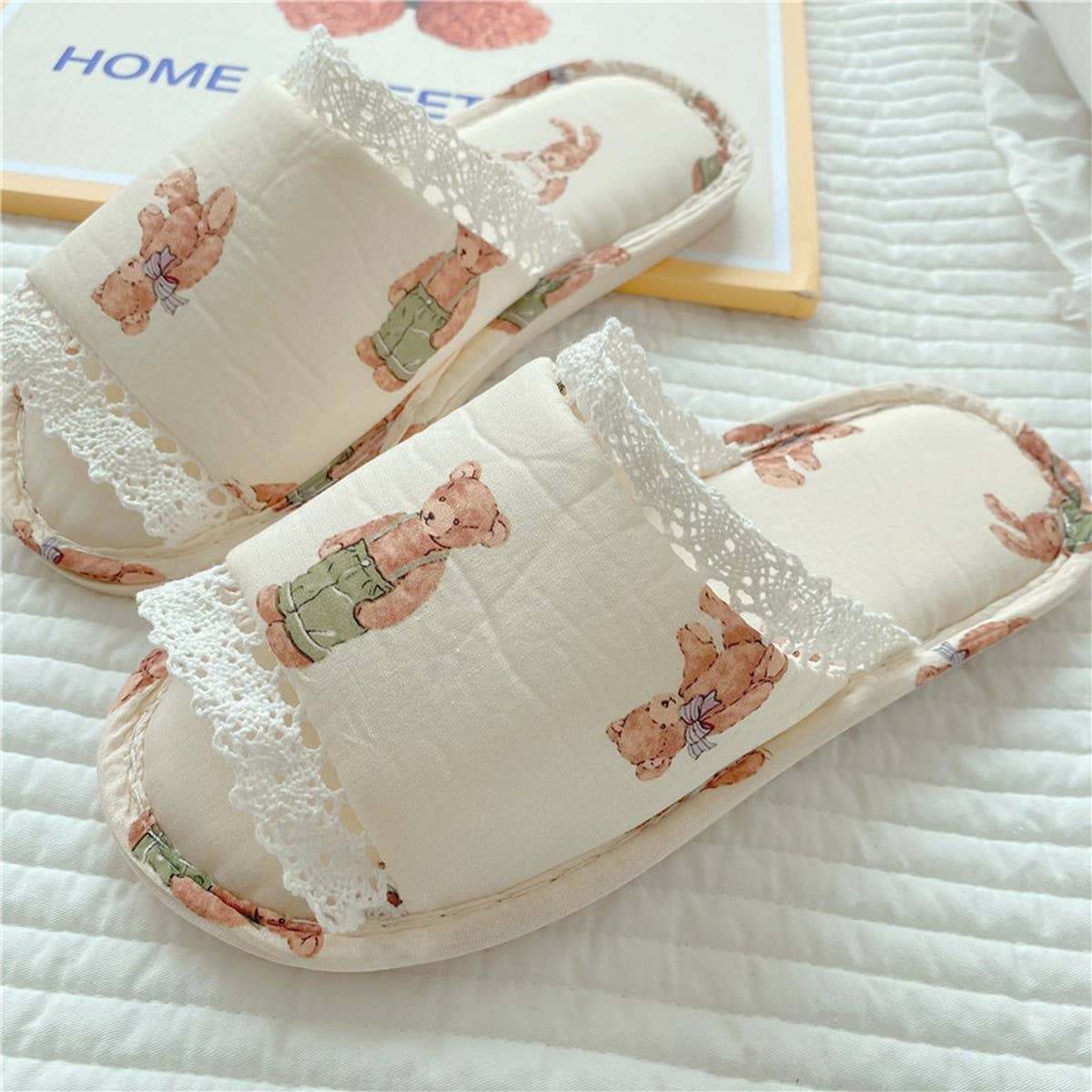 Vintage Lace Rabbit Bear Open Toe Home Slippers_Cwmm2978