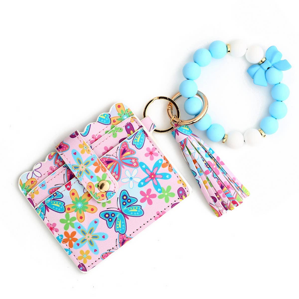 BUTTERFLY PRINT CARD HOLDER WITH BEADED KEYCHAIN_CWAB4960