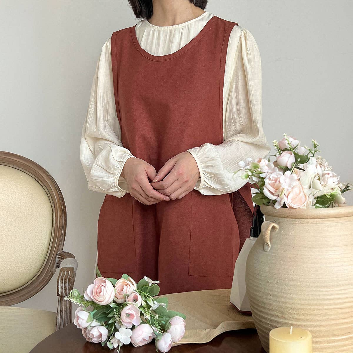 Waistband Cotton Linen Aprons With Pockets_Cwmm3289