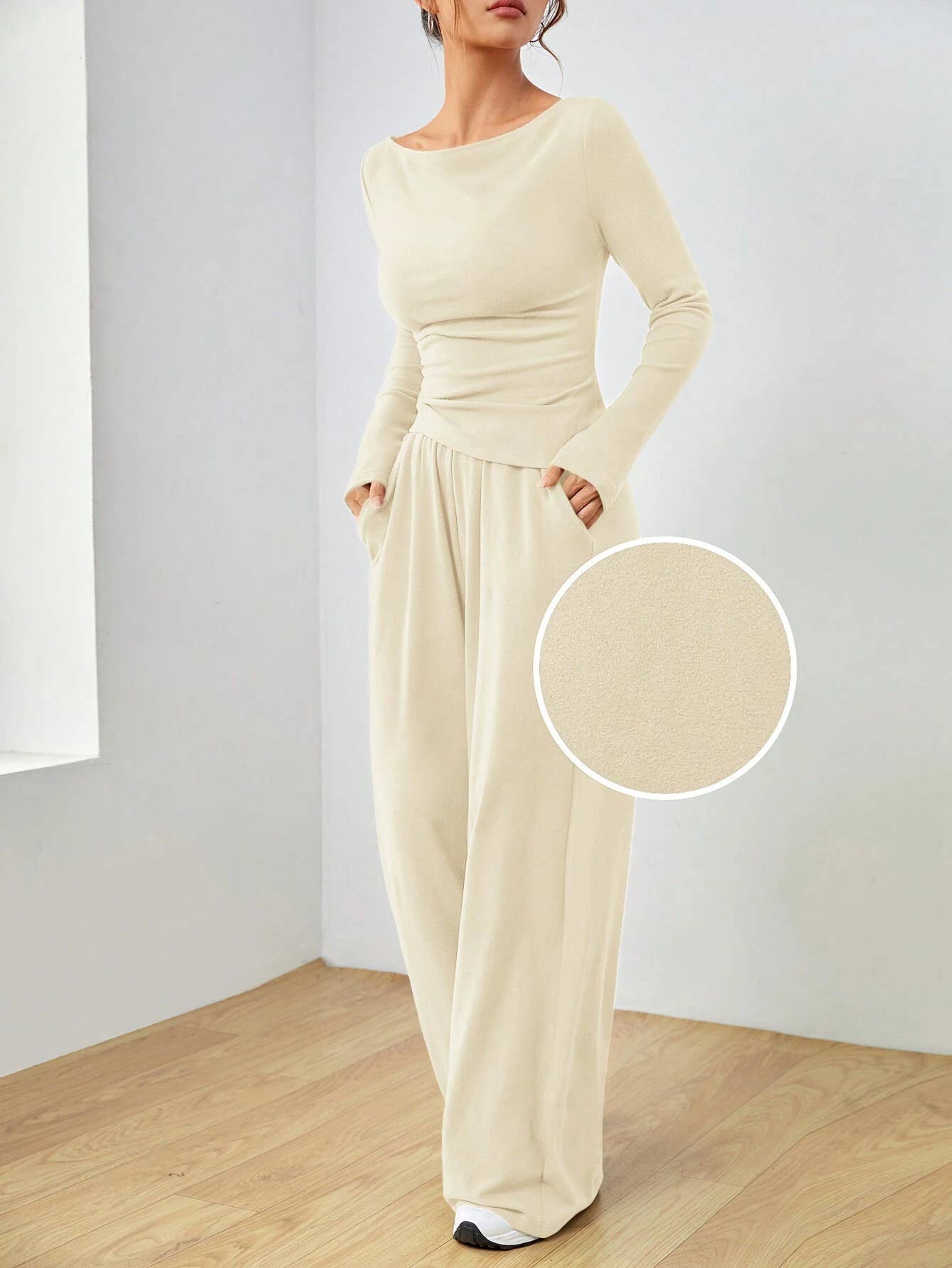 Solid-Color Long-Sleeved Wide-Leg Long Pants Set