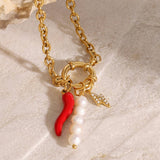 18K GOLD STEEL PEARL RED CHILI CHARM BRACELET_CWAJE4891