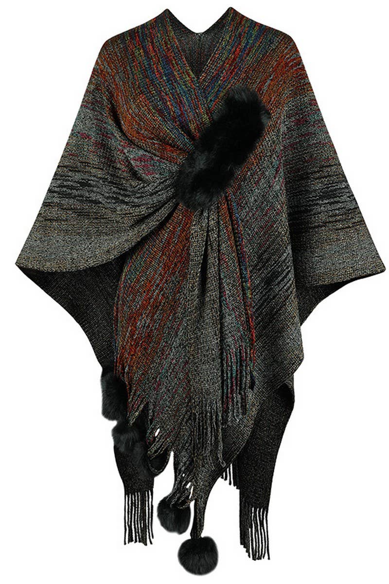 Cwocas0051_Contrast Color Pompom Tassel Knitted Shawl