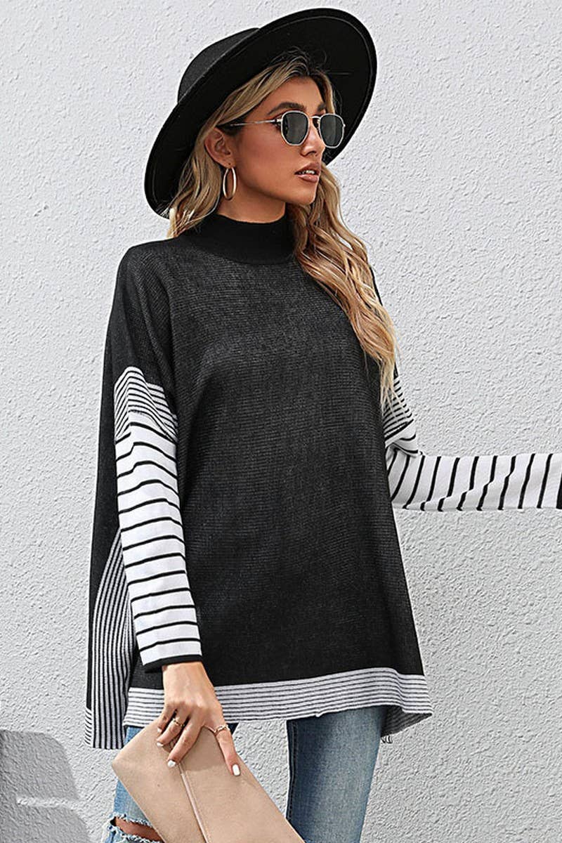 Women Striped Loose Pullover Sweater_Cwoswl1507