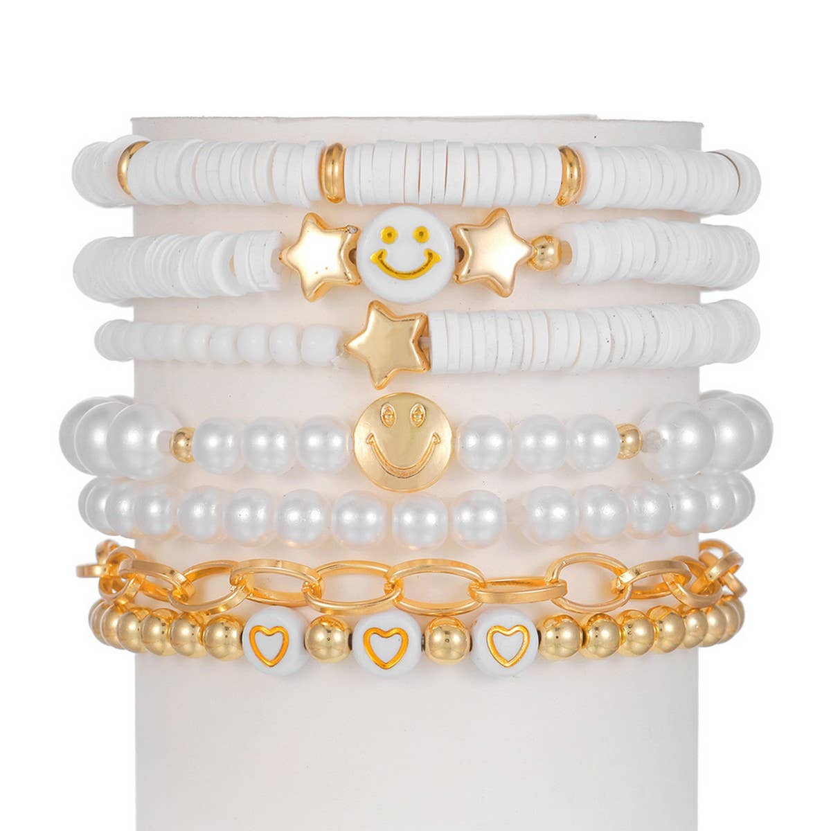 White Polymer Clay Star Smiley Face Bracelet Set_Cwmm3540