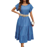 Solid Simple Round Neck Short Sleeve Long Dress