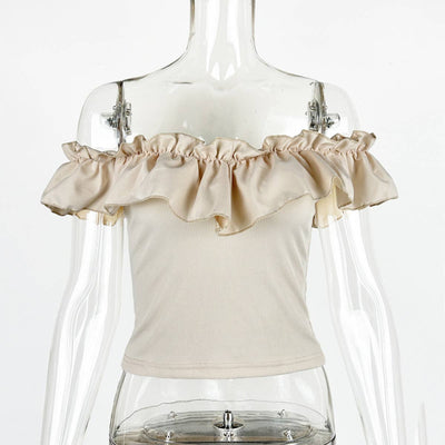 Solid Color One-Line Shoulder Ruffle Trim Top