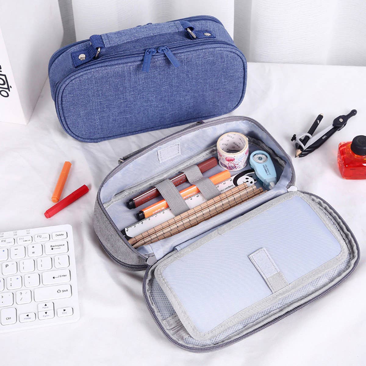 SIMPLE DOUBLE ZIPPER DOUBLE LAYER PENCIL POUCH_CWAB2812