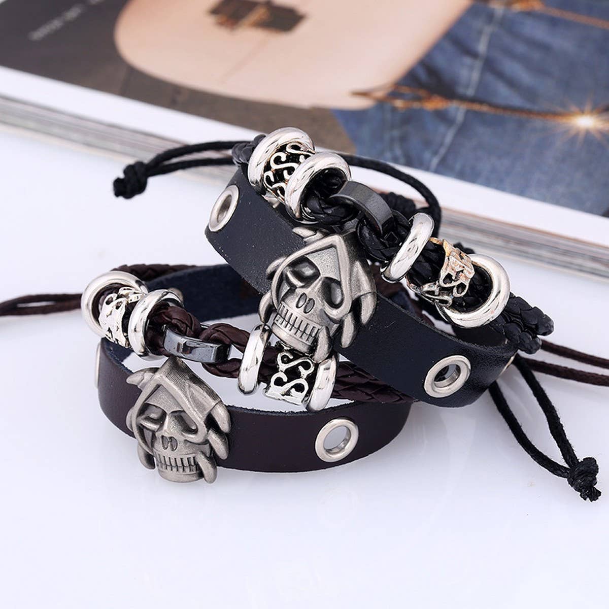 NEW BEADED SKULL BRAIDED LEATHER BRACELET_CWMM4519