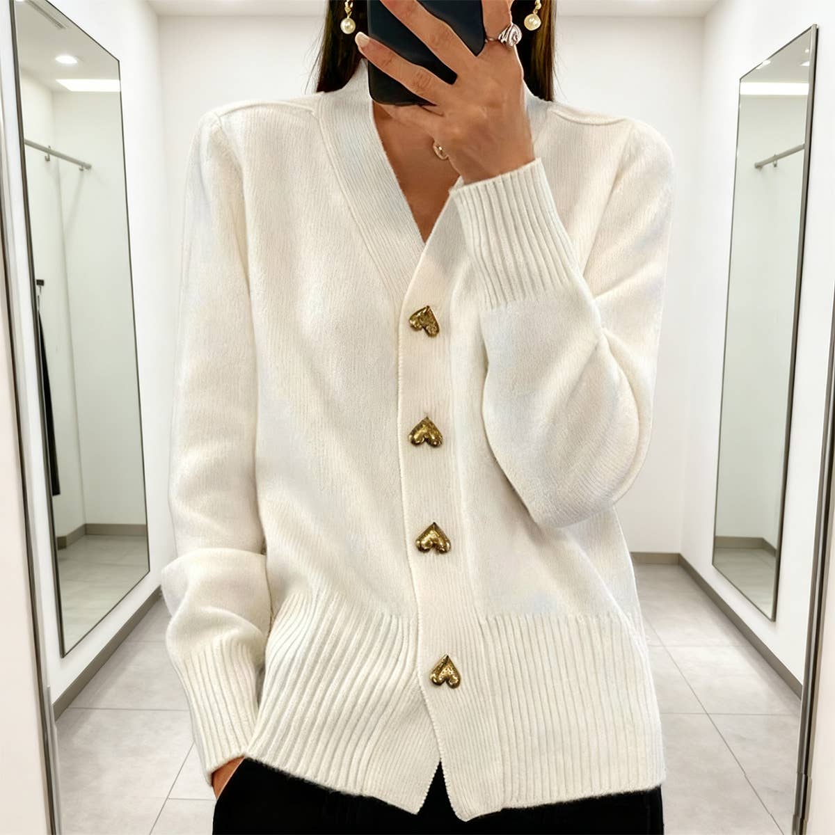 V-Neck Elegant Loose Solid-Color Knit Cardigan