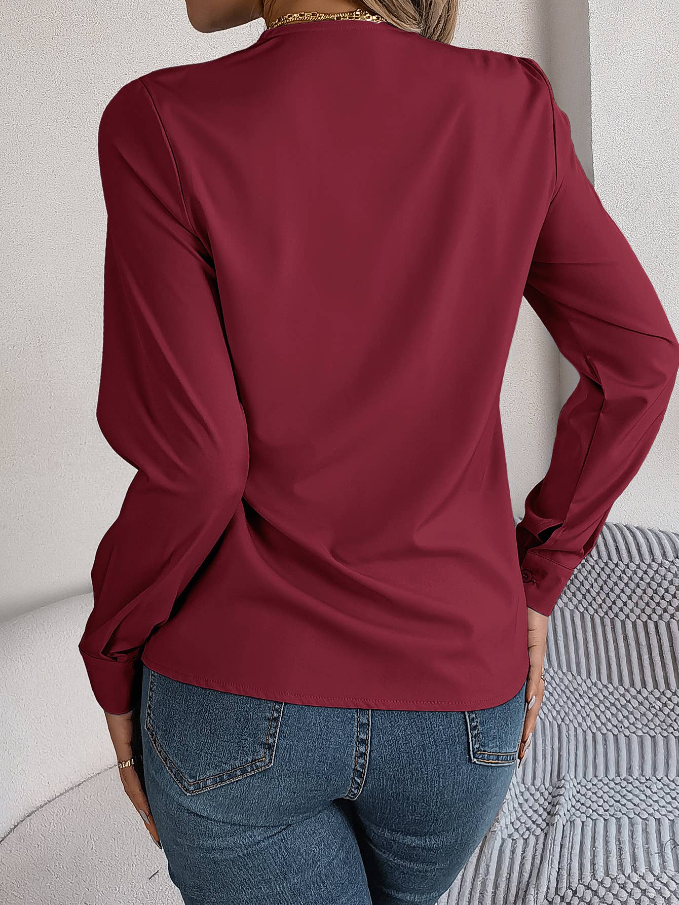 Solid Color Layered V-Neck Long-Sleeved Shirt