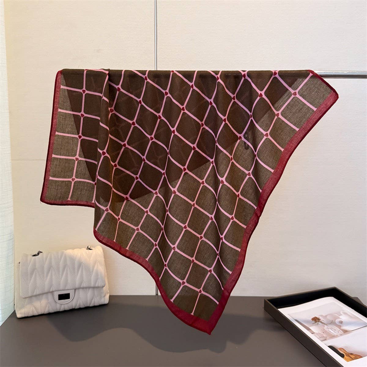 Elegant Plaid Satin Square Neck Scarf Wrap_Cwasc03320