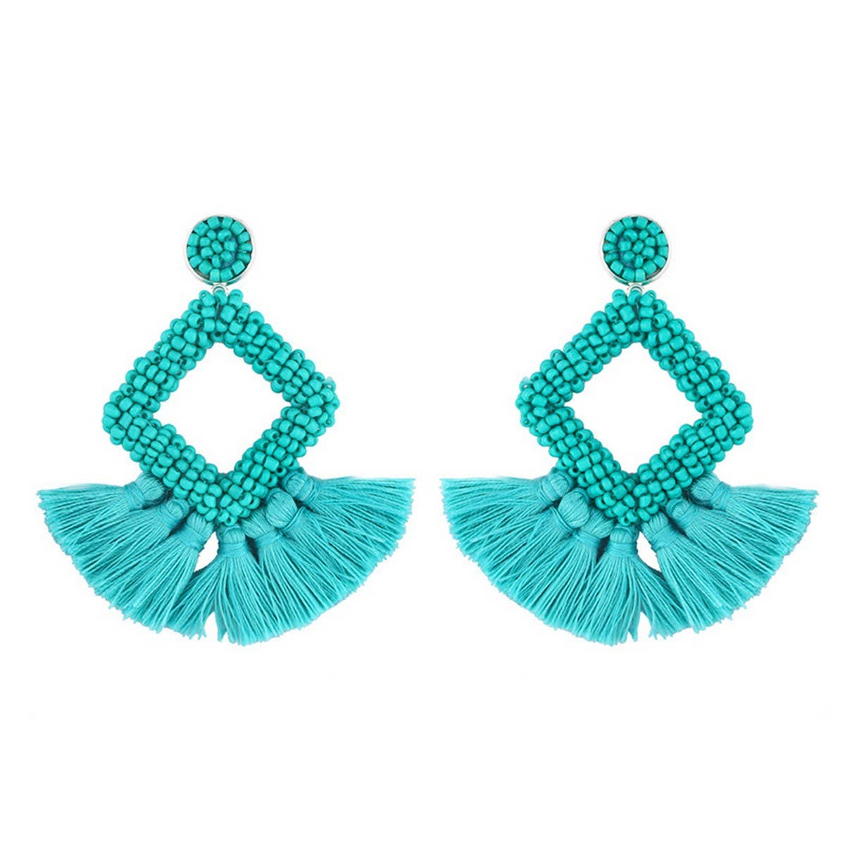 GEOMETRIC DIAMOND SHAPED RICE BEAD TASSEL EARRINGS_CWAJE1043