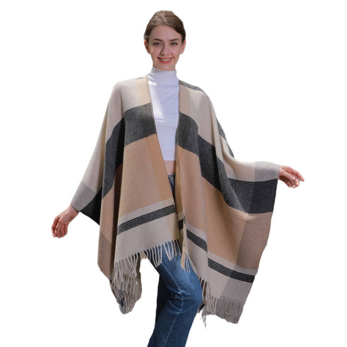 SIMPLE TASSEL PATTERN WIDE HORIZONTAL STRIPE SHAWL_CWASC0939