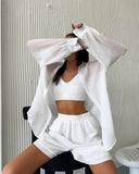 Trendy Lounge Set: Cardigan Top & Wide Leg Shorts