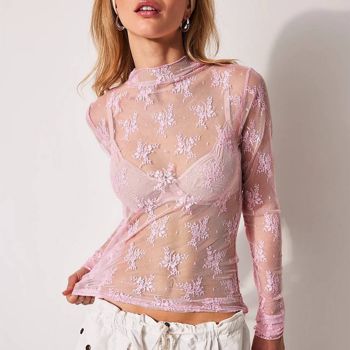SEMI SHEER MESH LACE TOP BOTTOMING SHIRT_CWTBLL2660