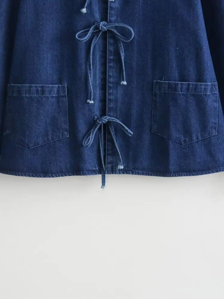 Solid Color Denim Shirt With Lapel Bow