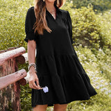 Womens V-Neck Colorblock Puff Sleeve Dress