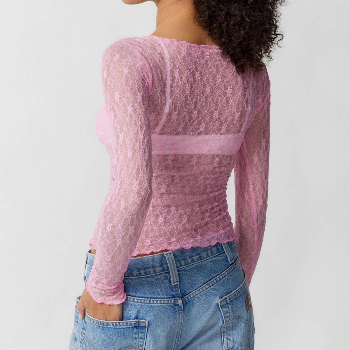 SEMI SHEER MESH LACE T SHIRT SLIM FIT CROPPED TOP_CWTBLL2661