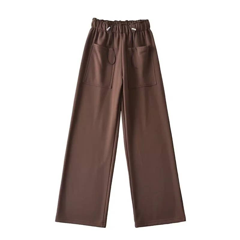 Solid Color Slacks With Loose Waist Large Pockets