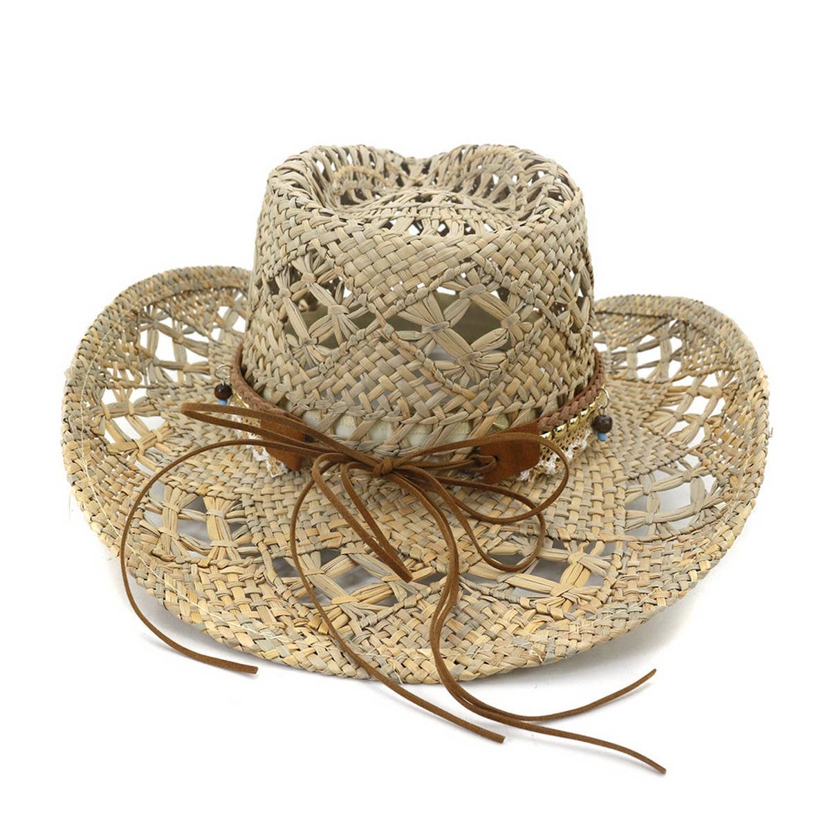 BEADED ROPE HANDMADE SEAGRASS COWBOY SUN HAT_CWAH1251
