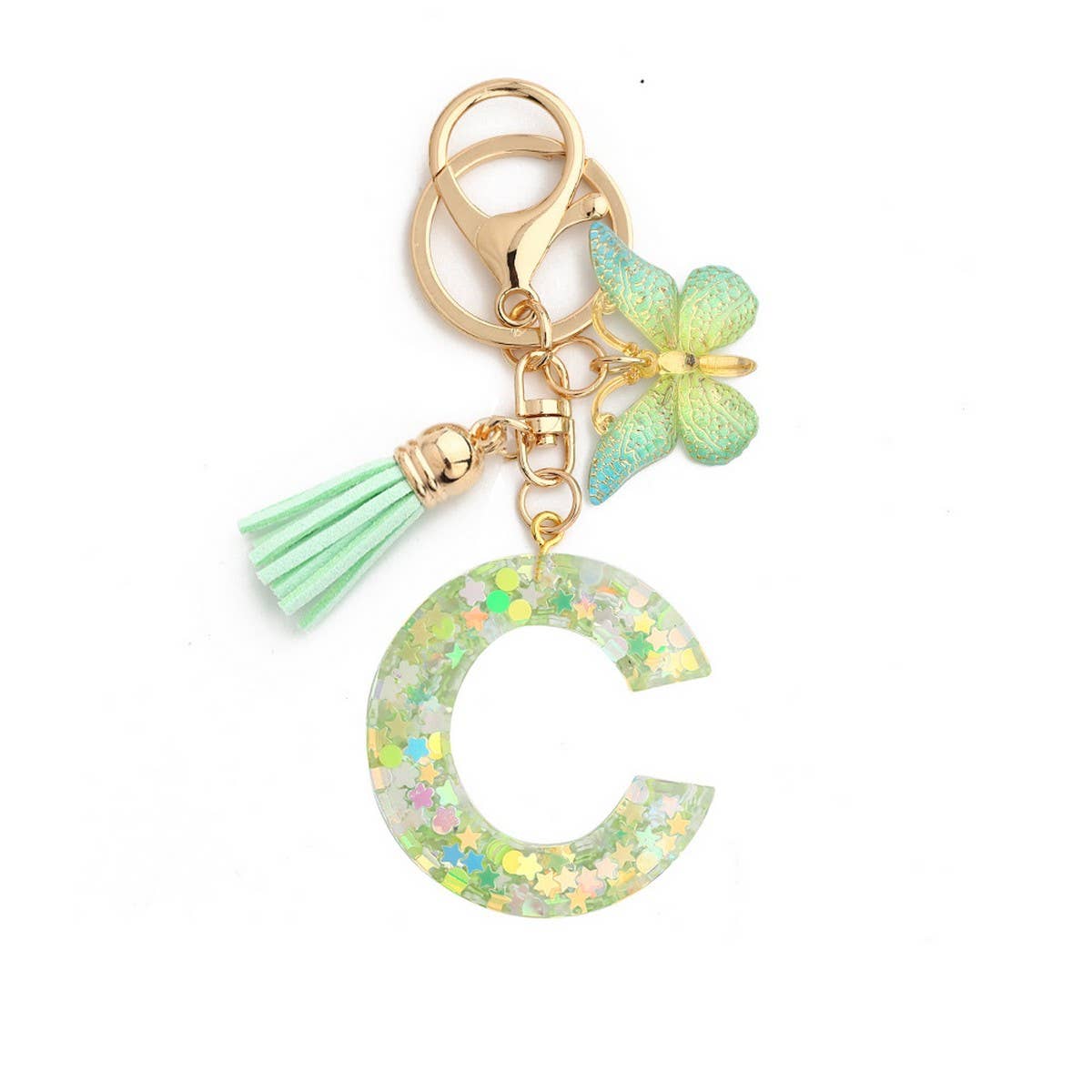 GREEN BUTTERFLY RESIN LETTER KEYCHAIN WITH GLITTER_CWAB5079