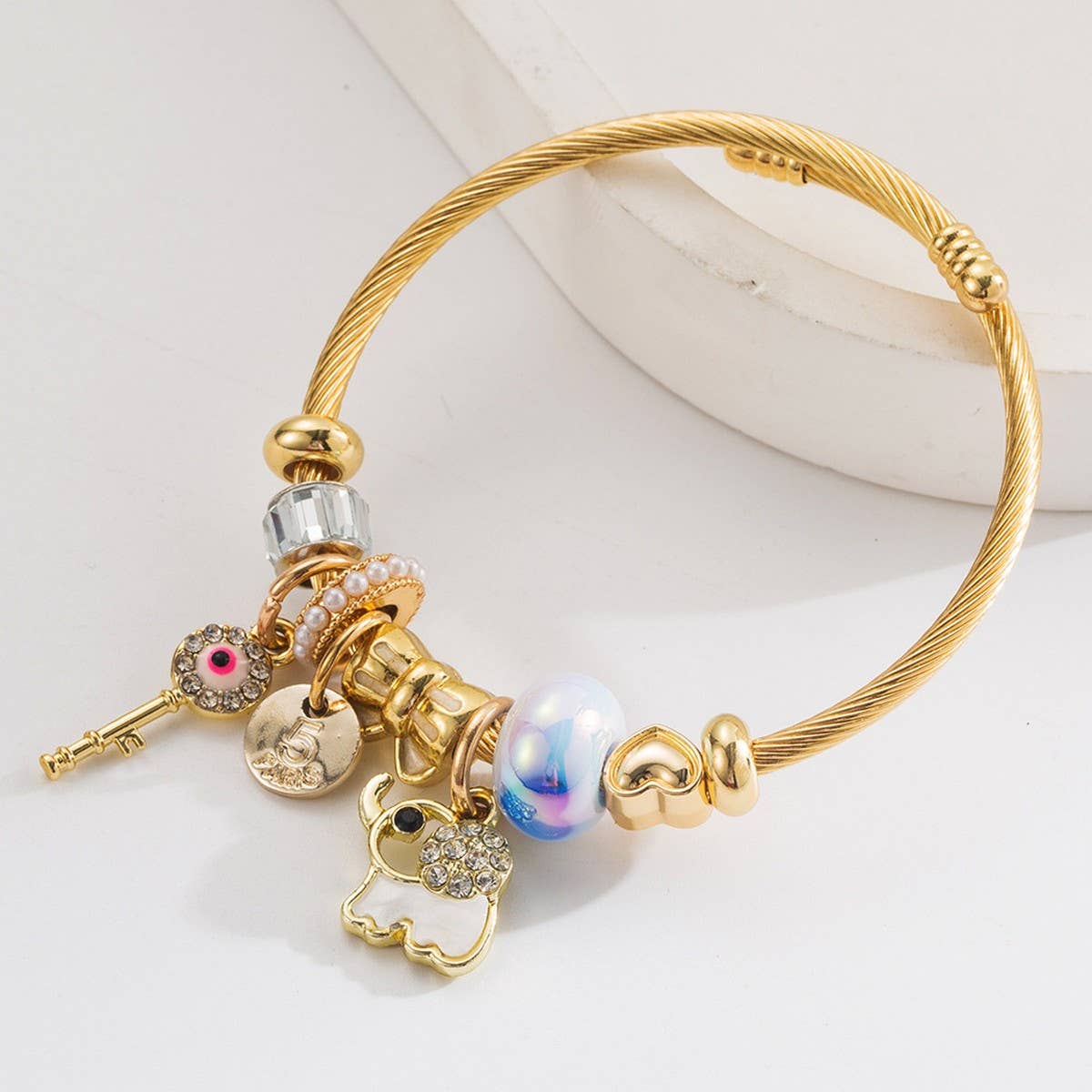 Trendy Elephant Key Letter Beaded Steel Bracelet_Cwmm8567