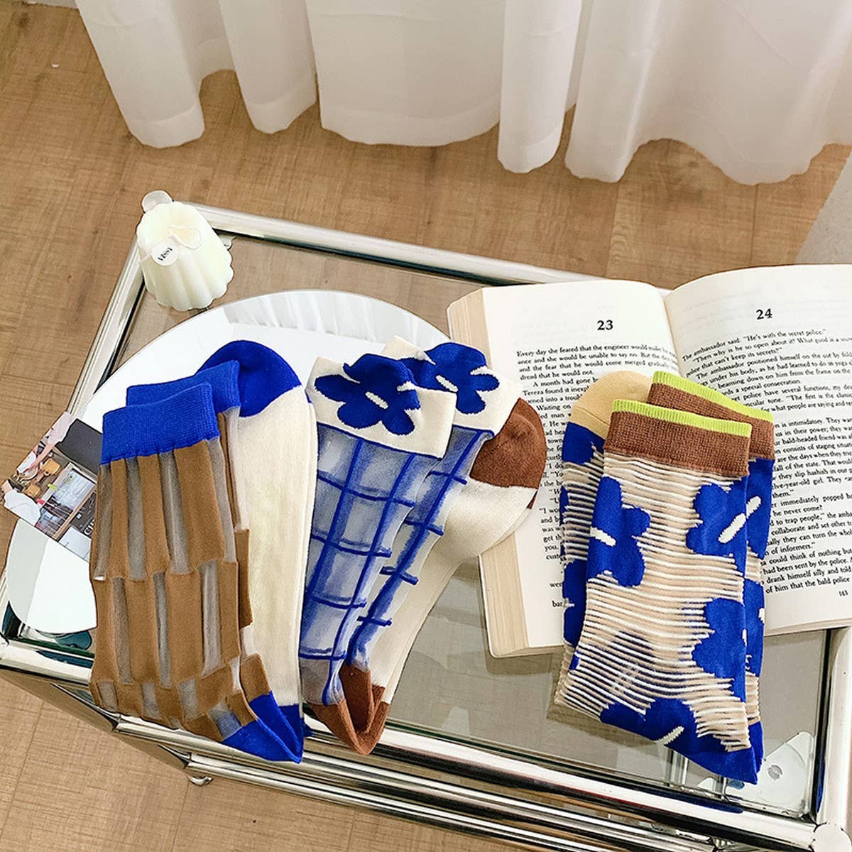 FLORAL KLEIN BLUE STRIPED GLASS STOCKINGS_CWMS0524