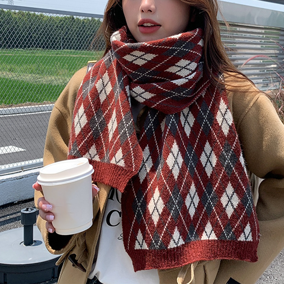 PLAID SCARF FOR WOMEN THICK KNIT WINTER WARMTH_CWASC0149