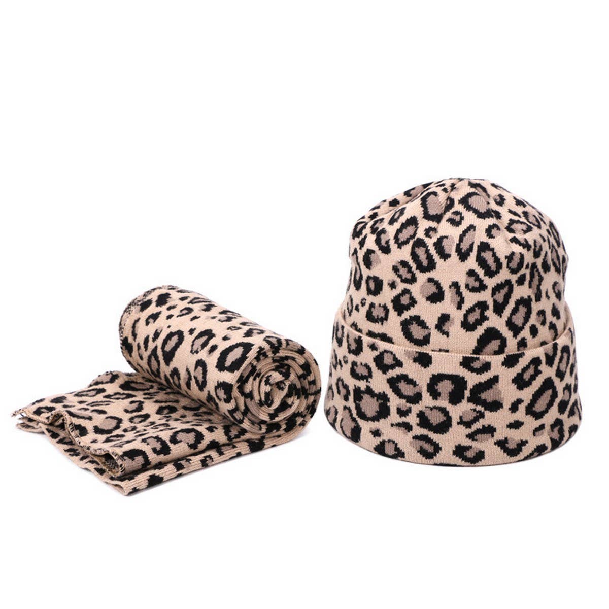 Leopard Knit Beanie With Pom & Scarf Set_Cwah04988
