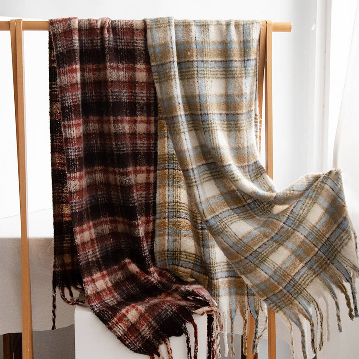 FUZZY PLAID SCARF SOFT TASSEL WRAP FOR WOMEN_CWASC1008