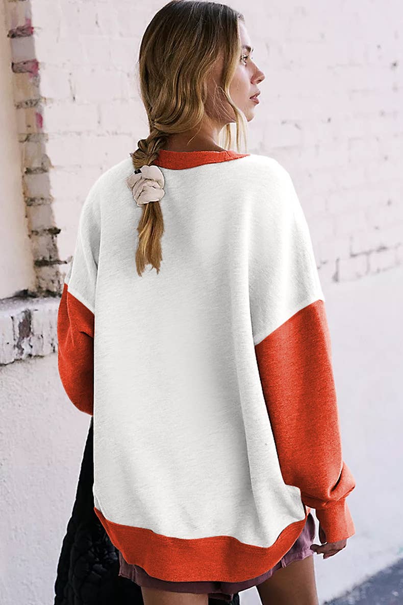 Two-Tone Round-Neck Loose Pullover Hoodie