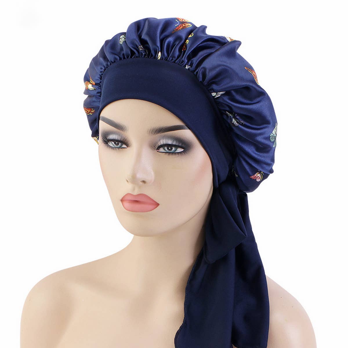 BUTTERFLY PRINT STRETCH NIGHTCAP WITH LONG RIBBON_CWAH1476