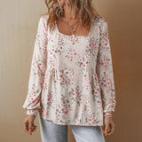 U-Neck Floral Print Pleated Long-Sleeved Top