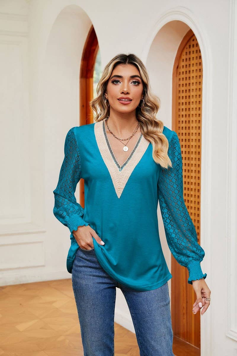 Cwtbll2401_V-Neck Lace Stitching Long-Sleeved Casual Top