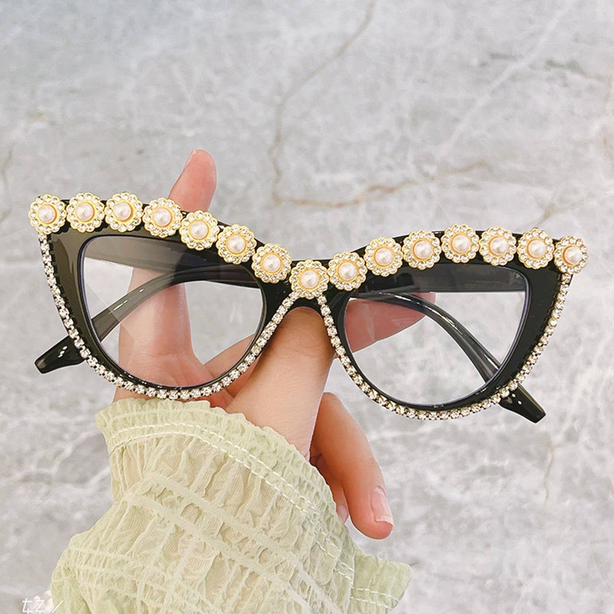 HANDMADE RHINESTONE PEARL RETRO CAT EYE SUNGLASSES_CWASG0268