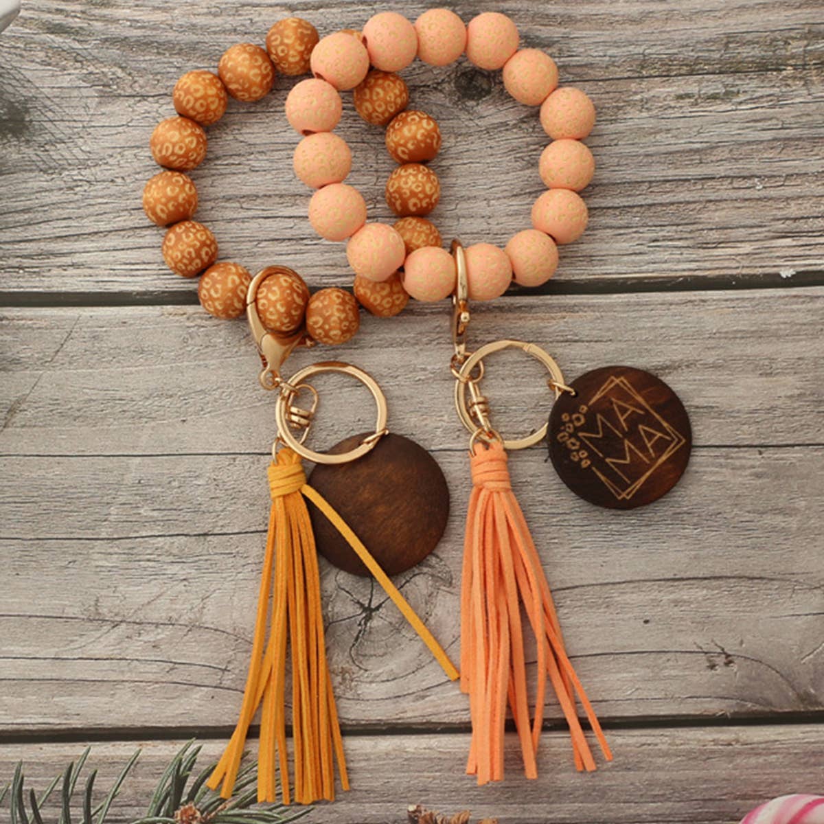 LEOPARD PATTERN WOODEN BEAD BRACELET KEYCHAIN_CWAJE0668