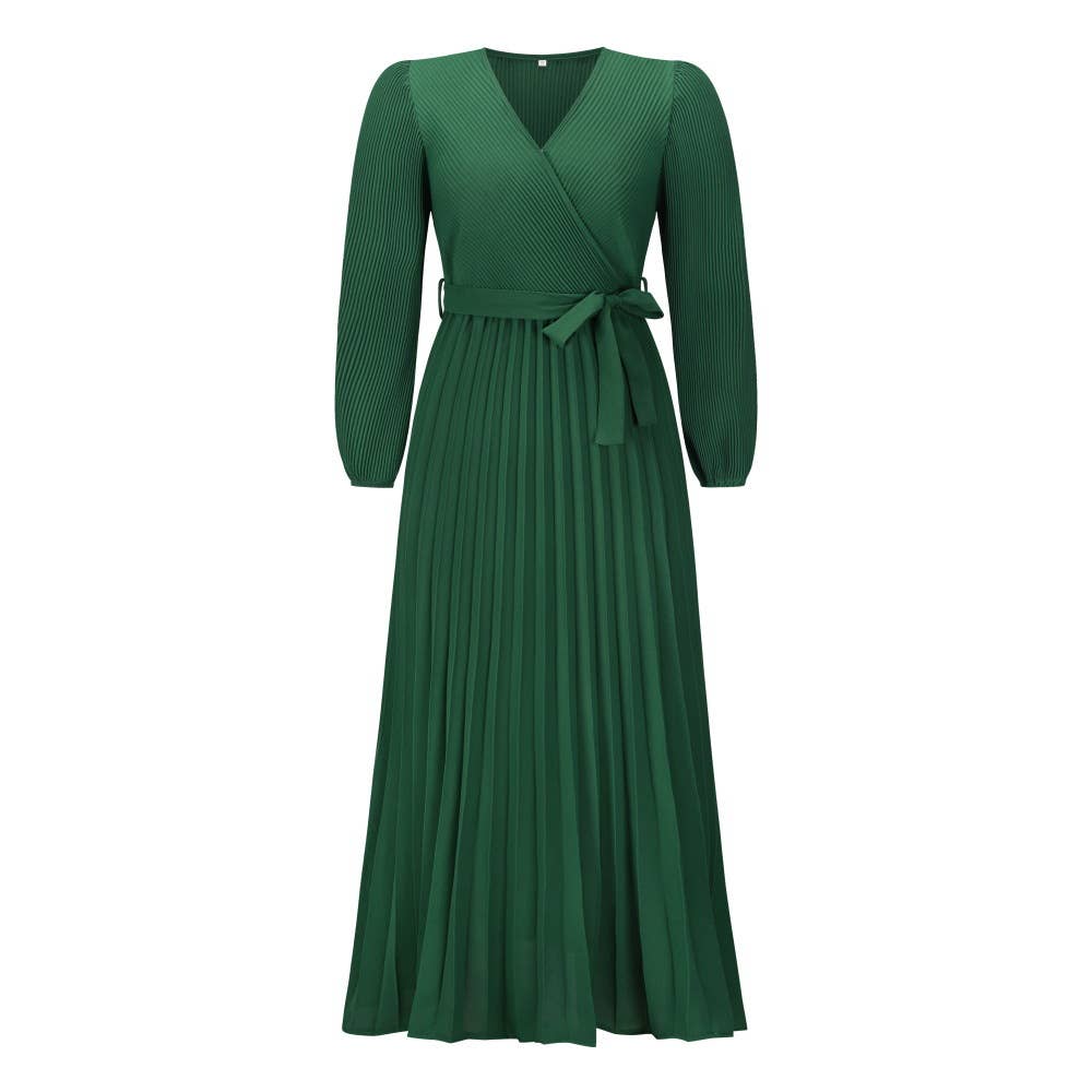 V Neck Long Sleeve Pleated Belted Midi Dress