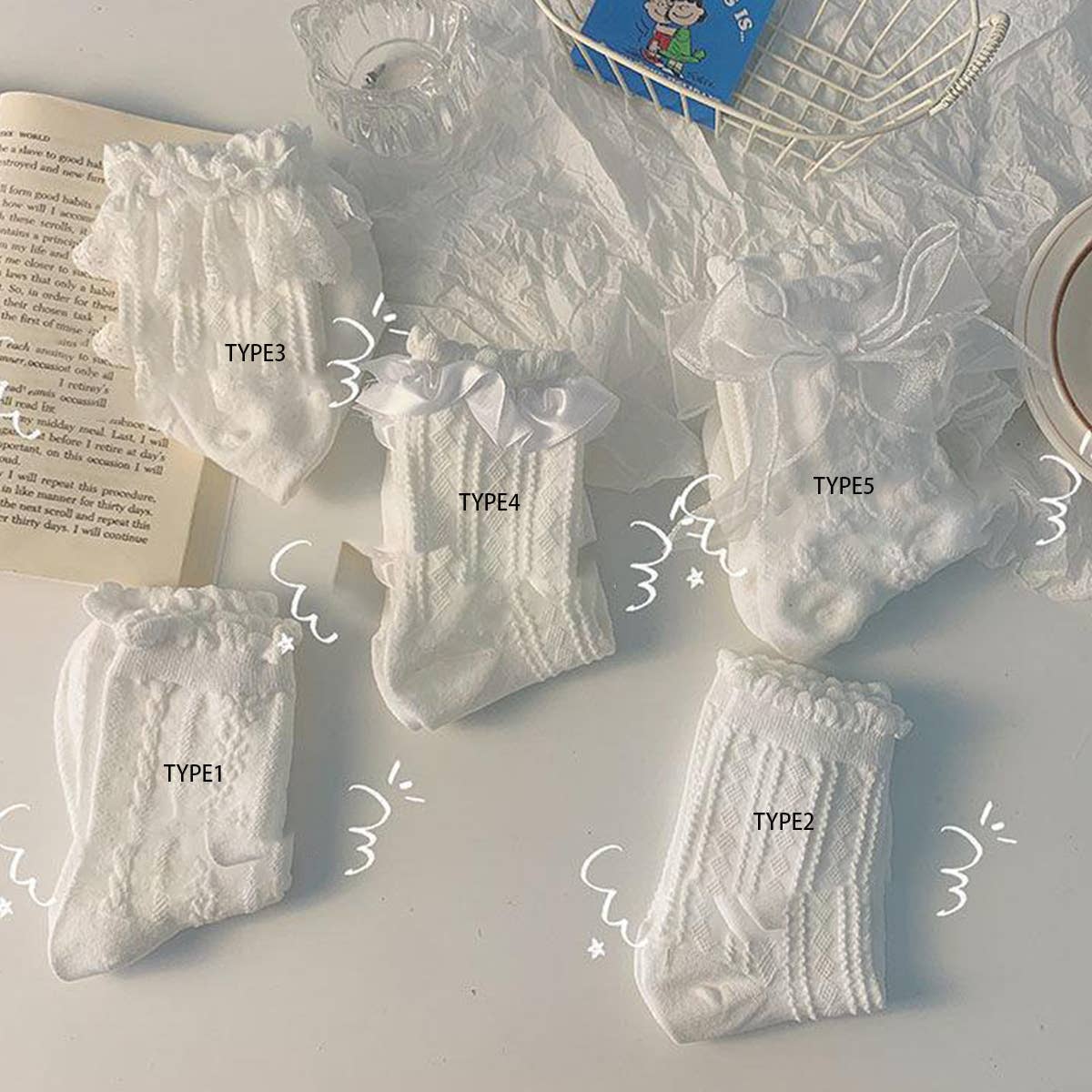 BOW LACE THIN MID LENGTH SOCKS_CWMS0451