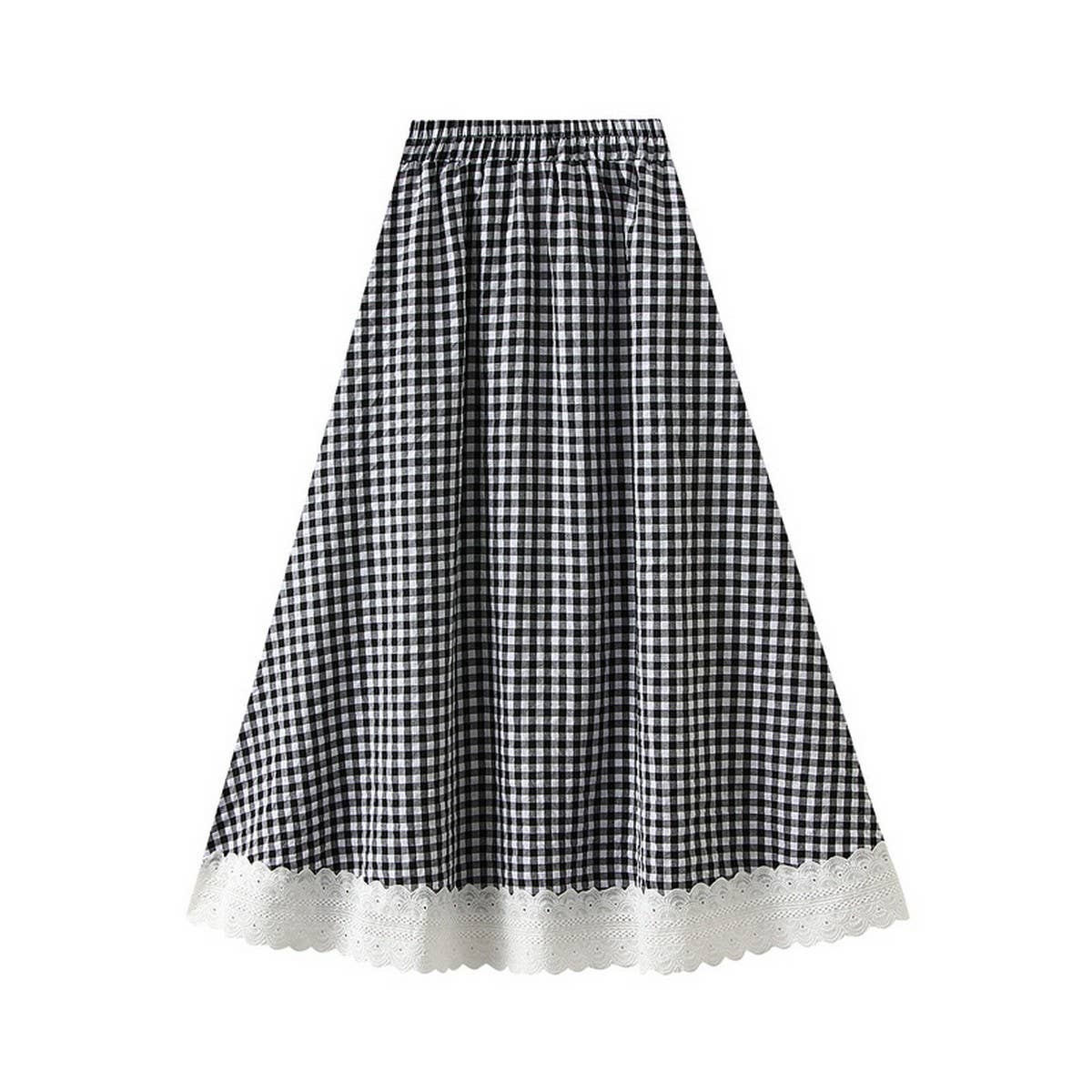 LACE TRIM PLAID HIGH WAIST A LINE MIDI SKIRT_CWBMS0344
