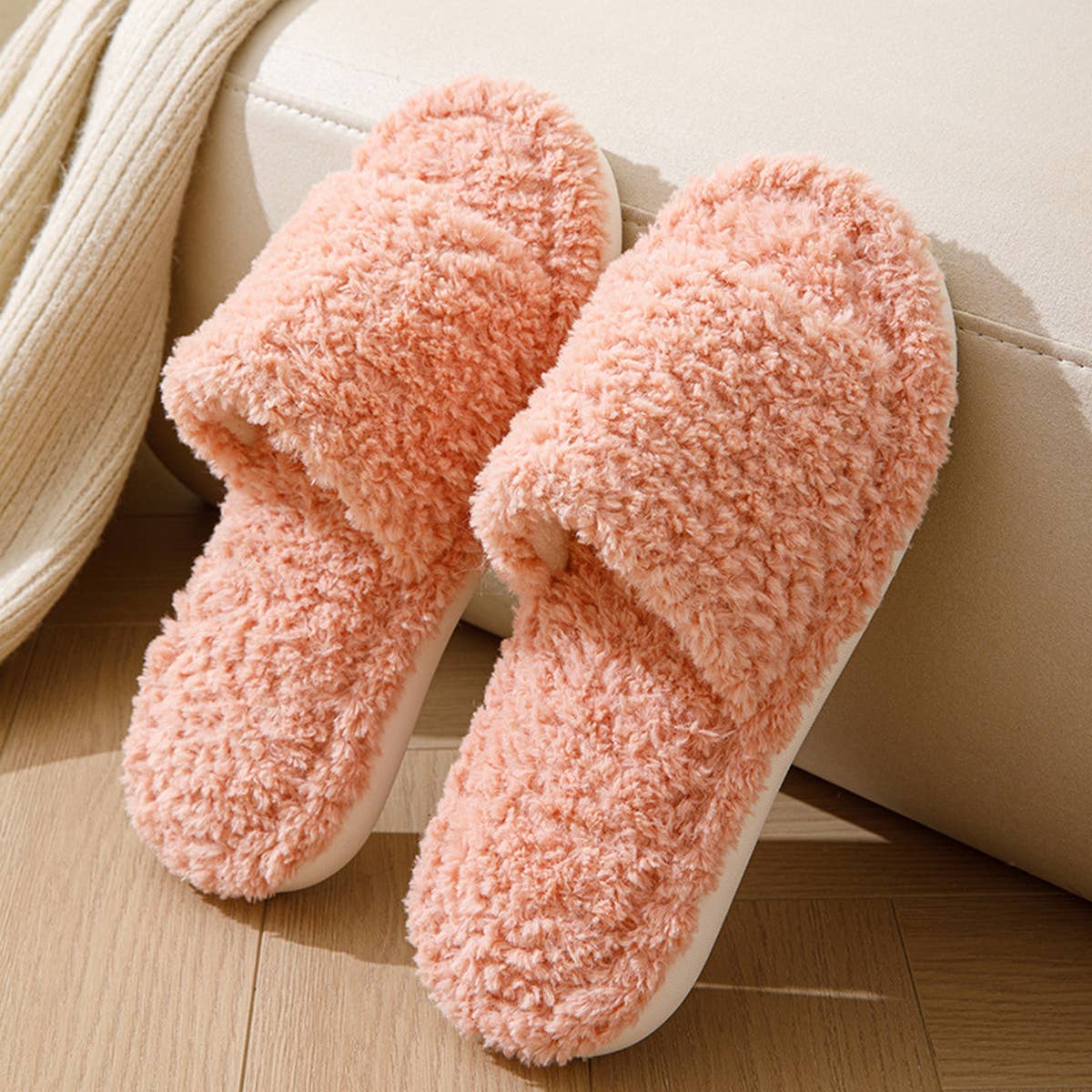 SIMPLE HOME CURLY OPEN PLUSH COTTON SLIPPERS_CWSHS0847