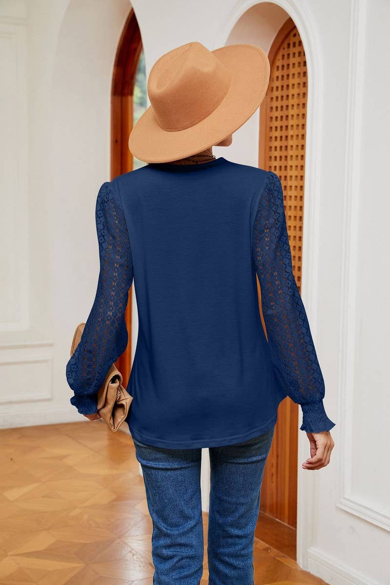 Cwtbll2401_V-Neck Lace Stitching Long-Sleeved Casual Top