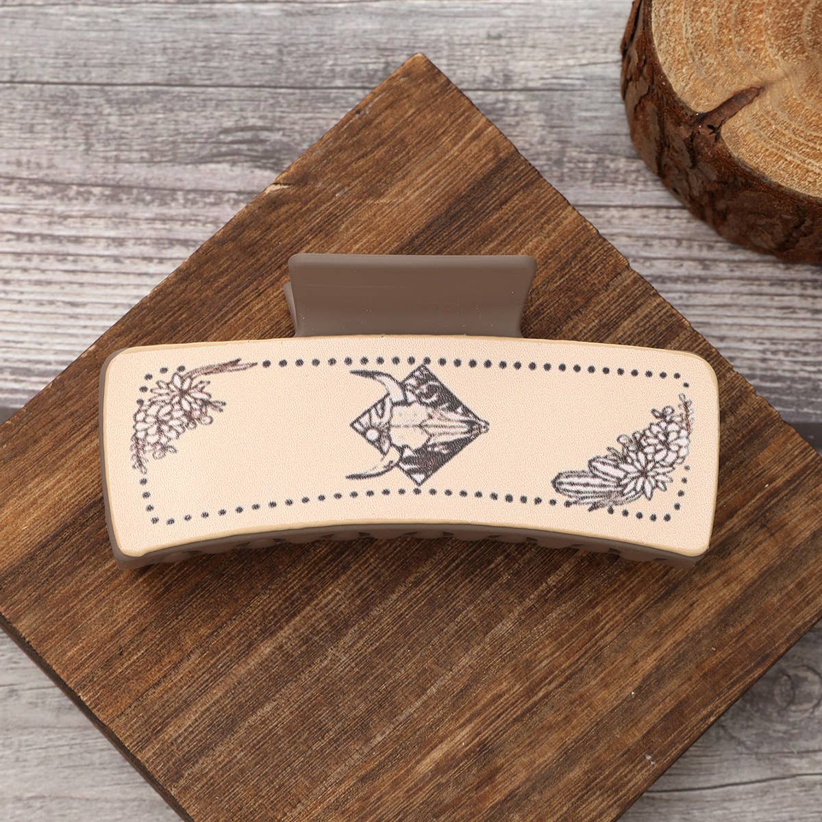 Western Bull Print Leather Hair Claw For Women_Cwasc1631