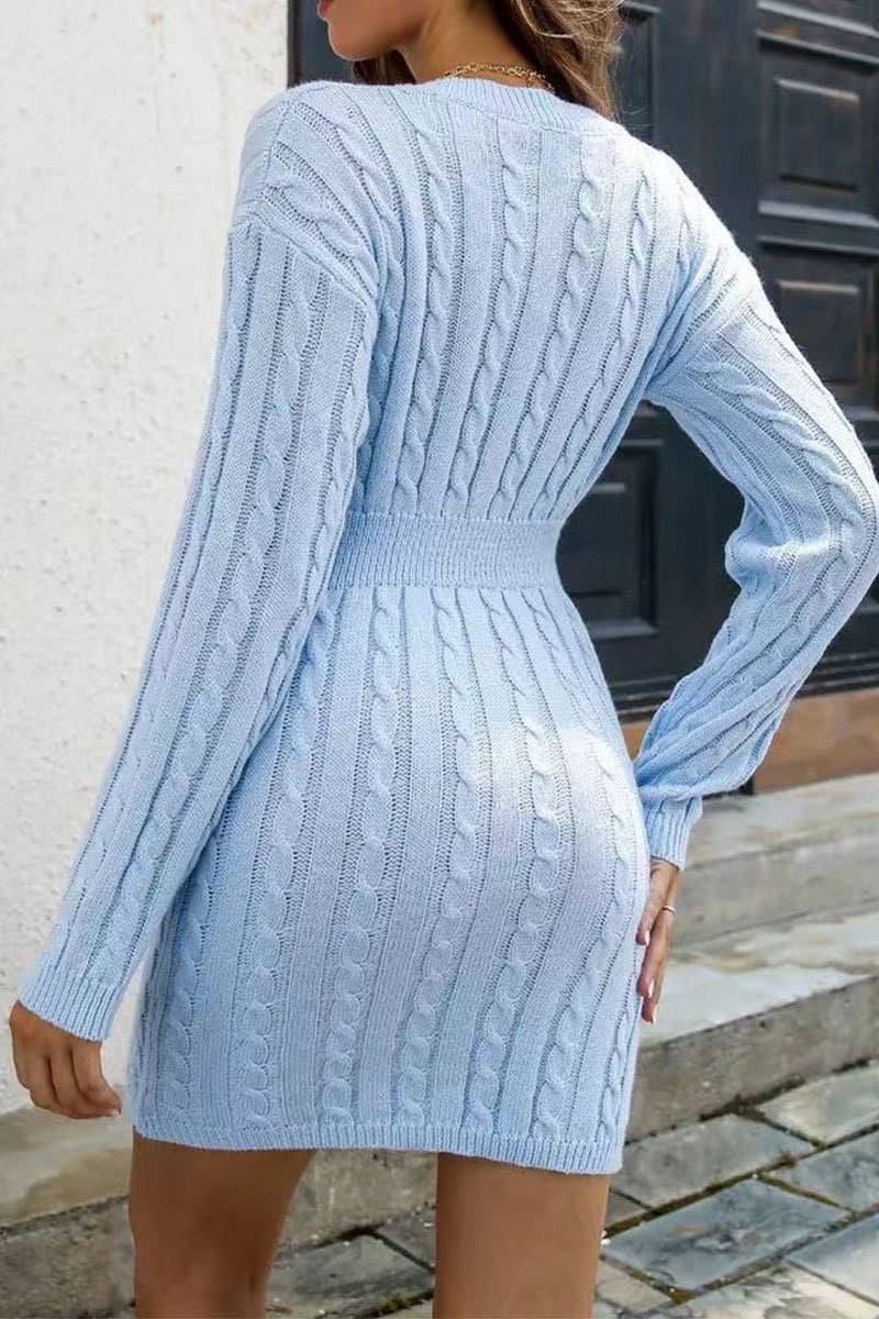 V-Neck Waistband Twist Wrap Hip Sweater Dress