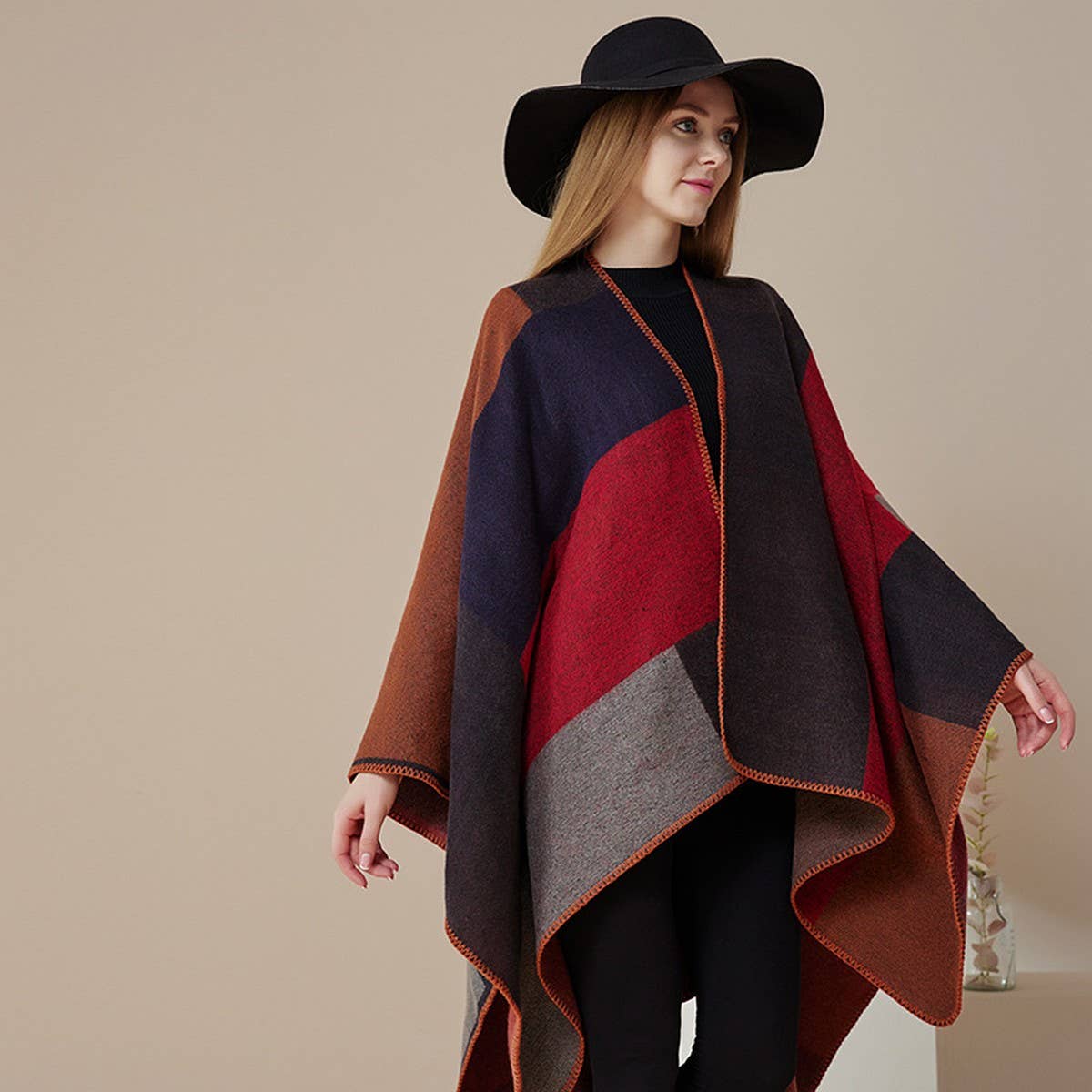 DOUBLE SIDED PLAID FAUX CASHMERE SHAWL CAPE_CWASC2135