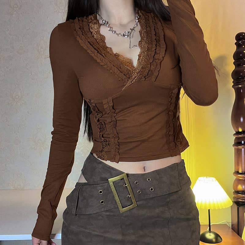 Vintage Wood Ear Trim V-Neck Long Sleeve T-Shirt